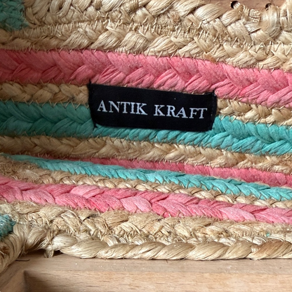 Antik Kraft hand made square wood handle striped pink green jute Bag - Picture 4 of 10